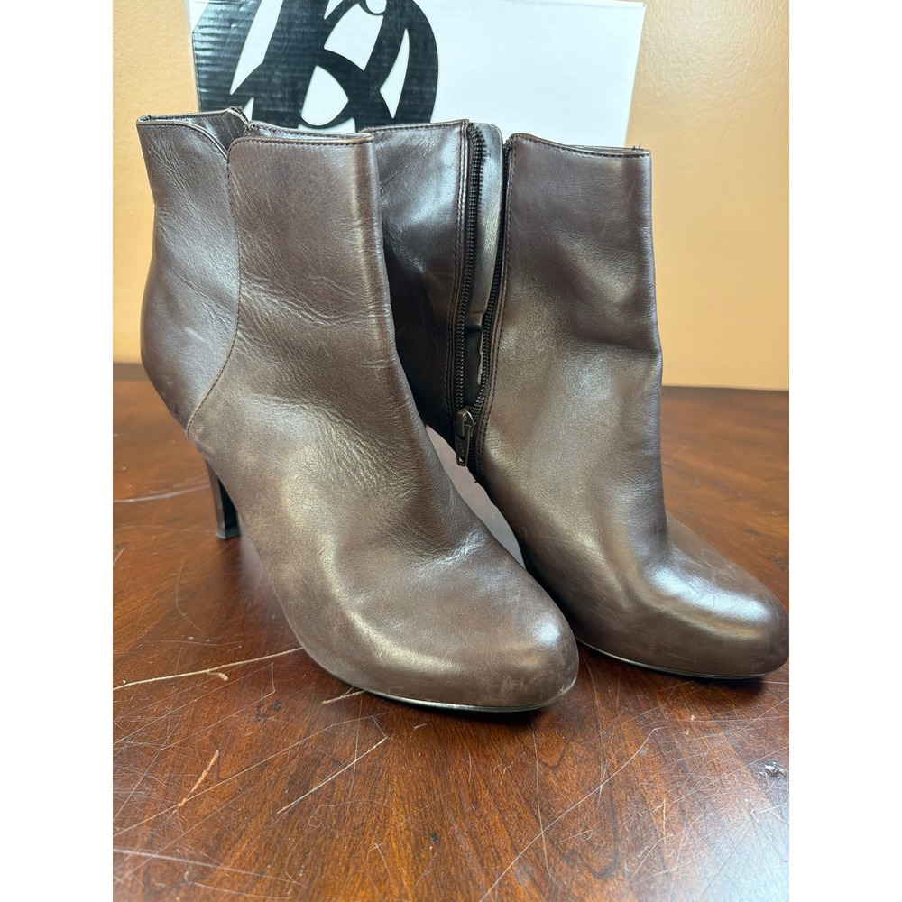 Nine West Womens Brown Leather Stiletto Ankle Boots Size 8.5M Almond Toe Zip